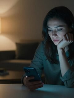A thoughtful woman holds a glowing phone at a coffee table.