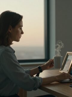 A woman turns away from a couple’s photo while sitting beside coffee and a closed laptop.