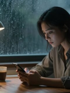 Woman holding a phone at a desk beside a rainy window at night.
