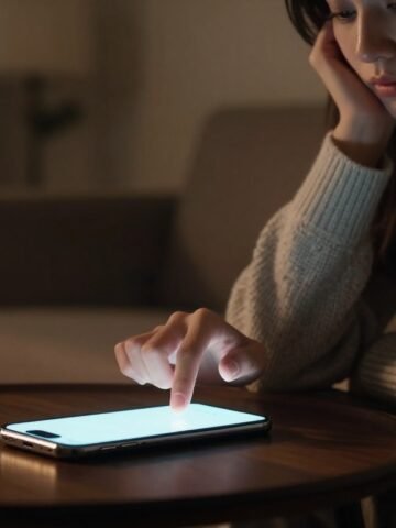 A woman reaches toward a glowing phone on a coffee table.