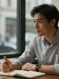 A thoughtful man gestures beside an open notebook in a warmly lit coffee shop.