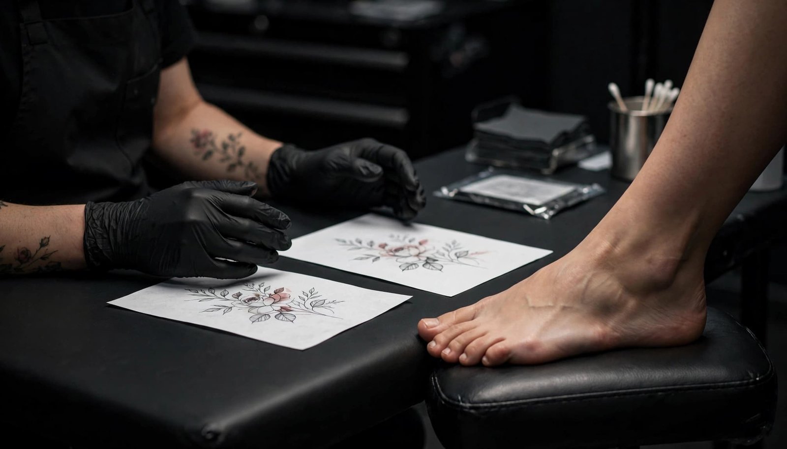 Tattoo artist discussing stencil placement beside a client&rsquo;s exposed foot.