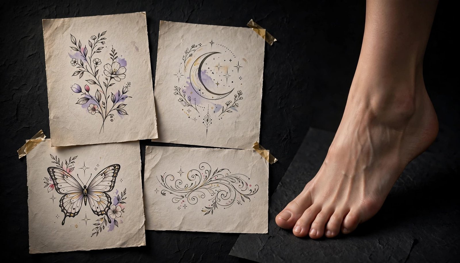 Feminine tattoo designs beside a softly lit foot silhouette.