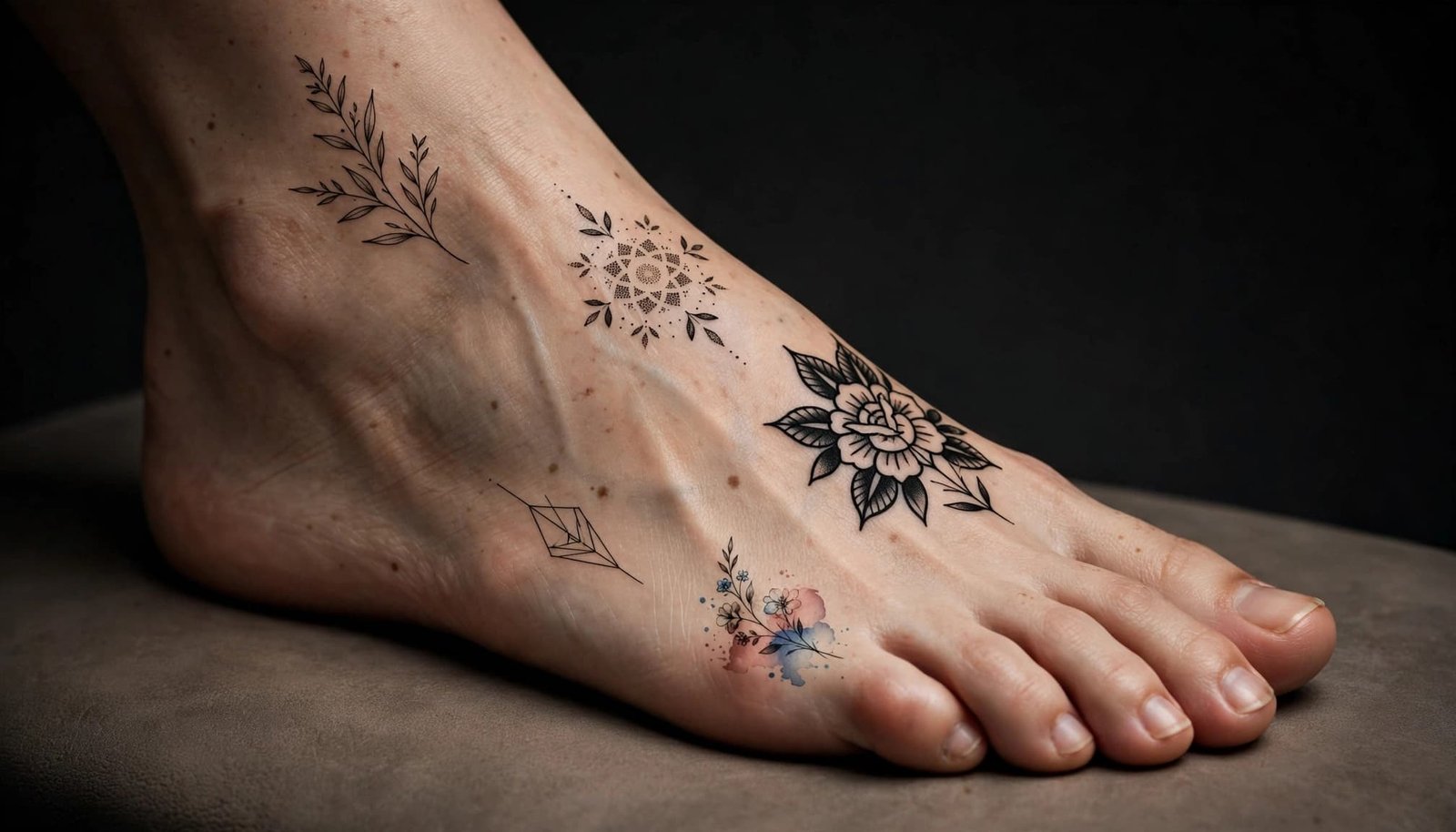 One foot showing botanical, floral, watercolor, dotwork, and geometric tattoo styles.