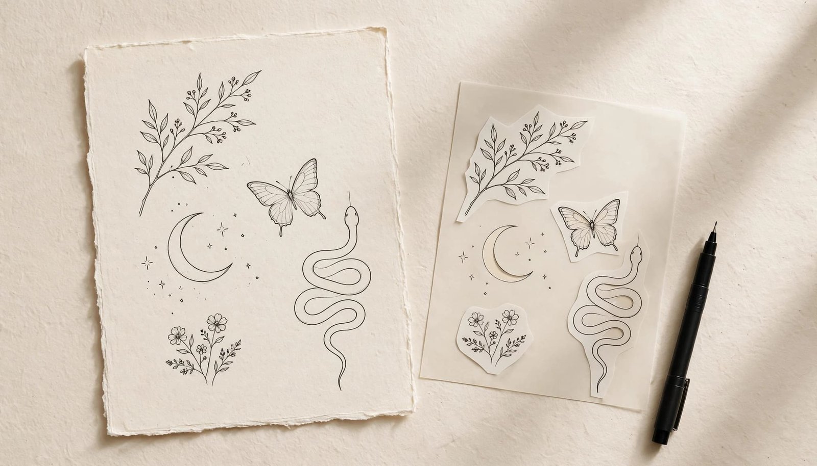 Fine line tattoo designs arranged on cream paper with a stencil sheet and black pen.