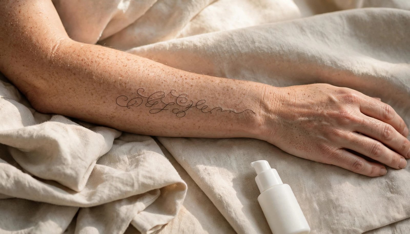 A healed script tattoo on an outer forearm beside folded clothes and moisturizer.