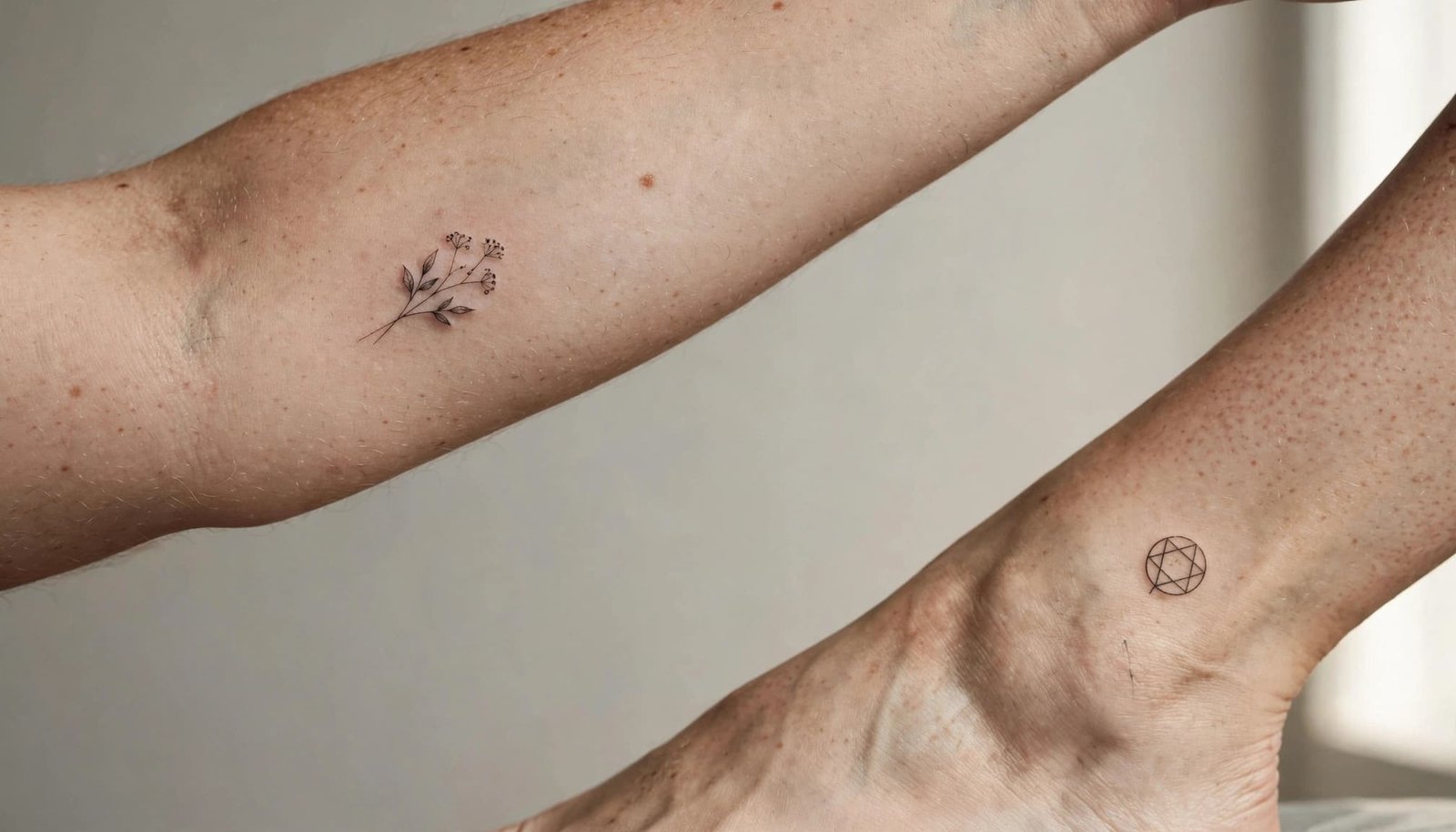 Close-up of botanical and geometric fine line tattoos on an inner forearm and upper ankle.