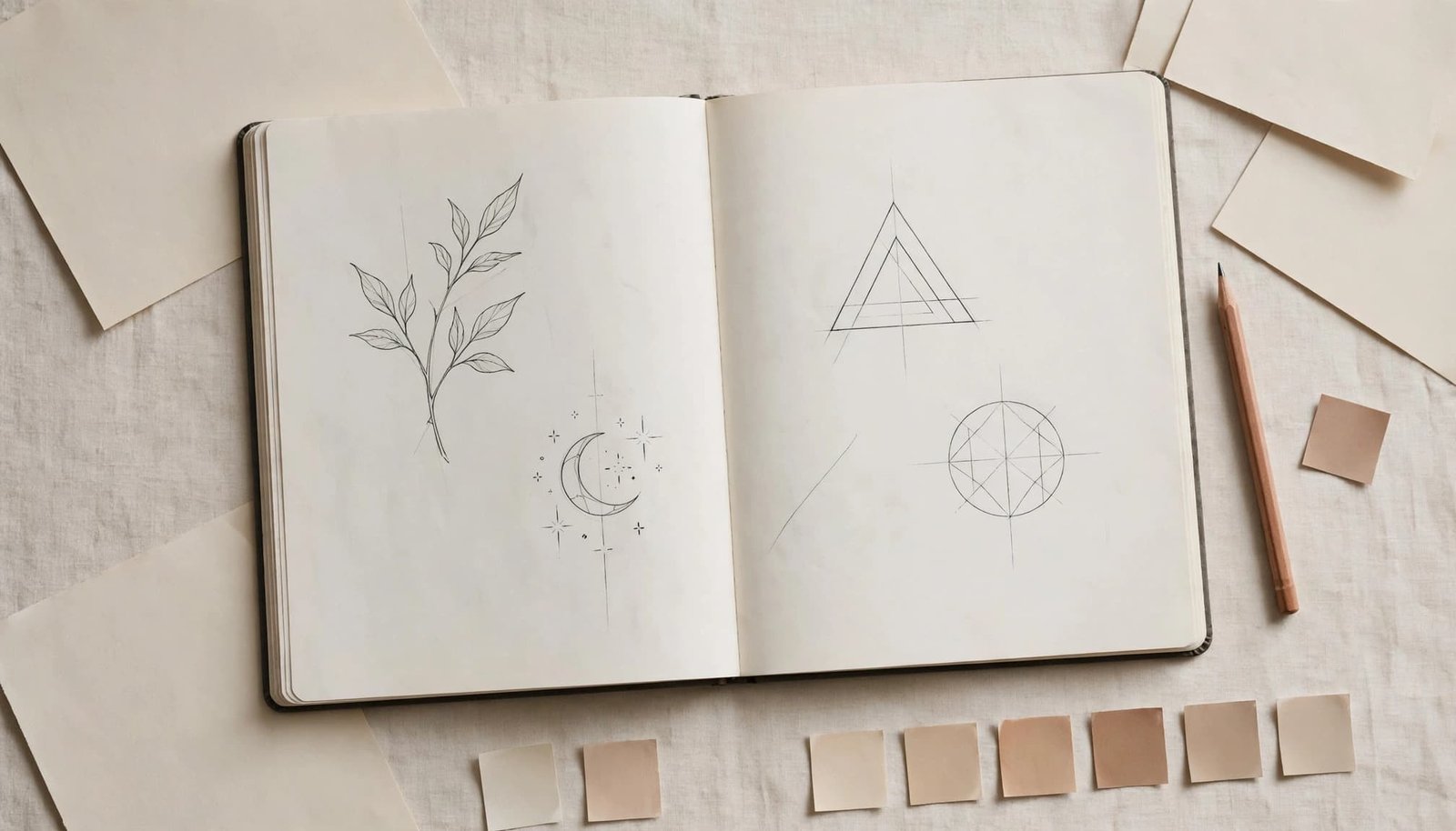 Open sketchbook with botanical, celestial, and geometric tattoo sketches beside a pencil.