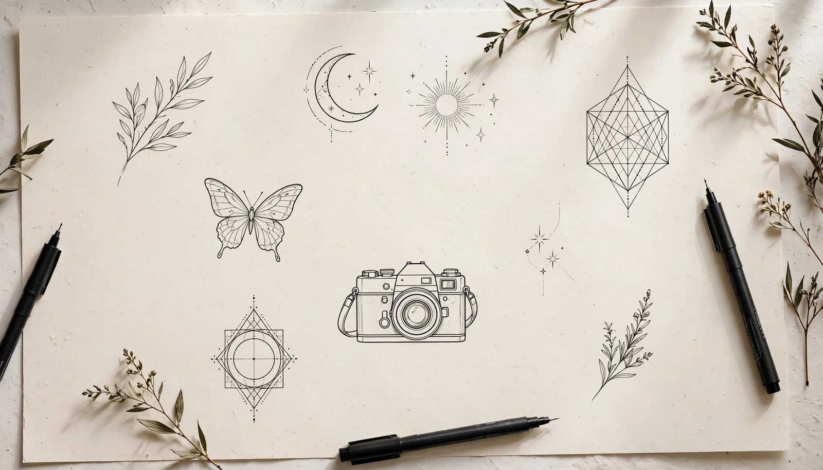 Black tattoo sketches of plants, stars, a butterfly, a camera, and geometric shapes on ivory paper.