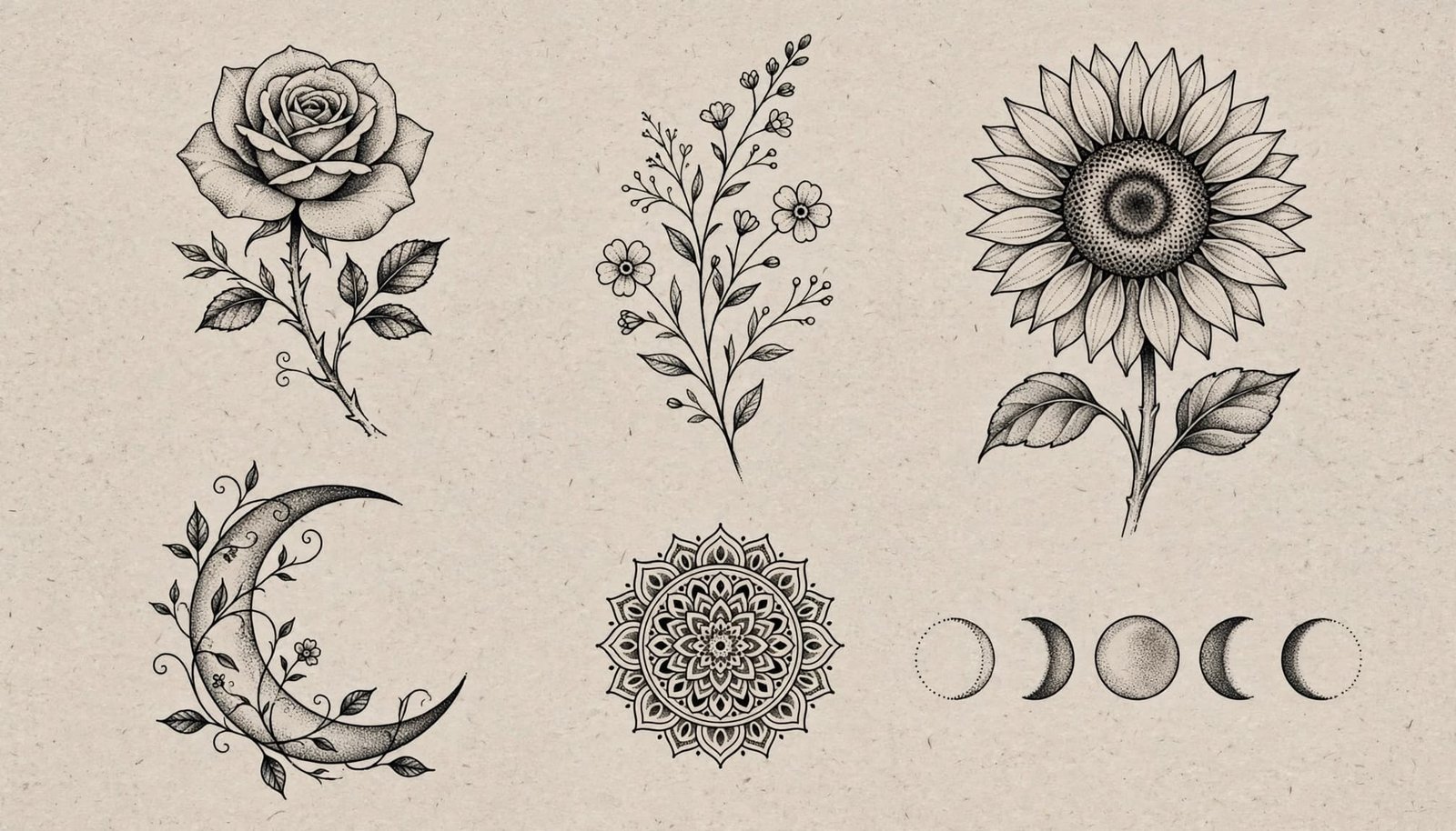 Black-and-gray dotwork designs featuring flowers, moons, vines, and a mandala on neutral paper.