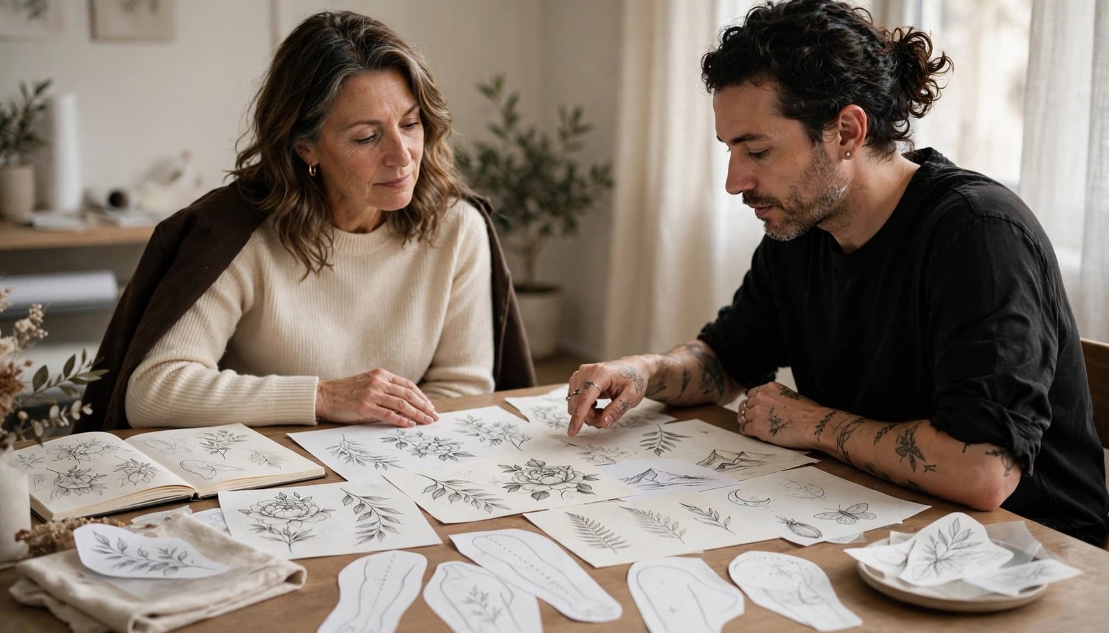 A woman and tattoo artist review floral tattoo sketches at a studio table.