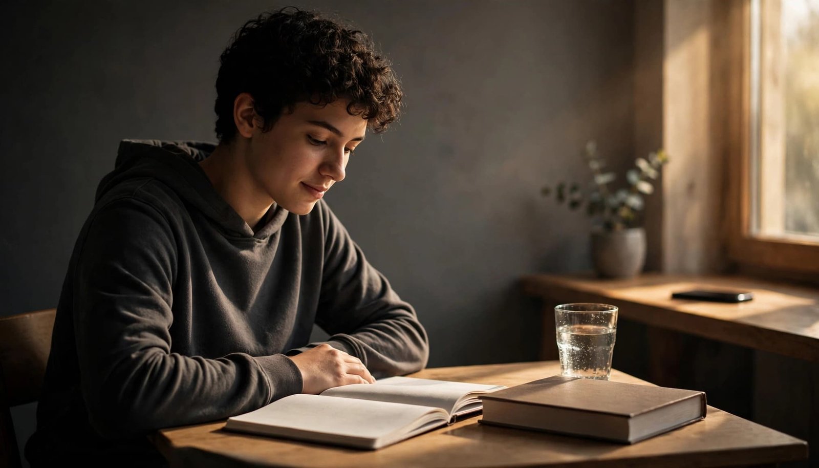 A student studies at a desk with a notebook, textbook, and water glass.