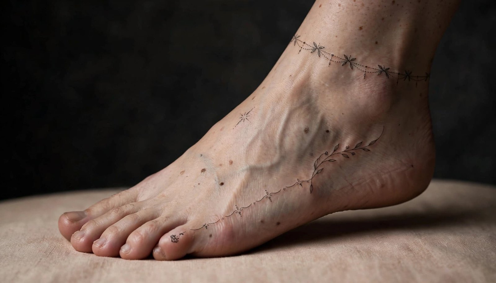 Three-quarter view of one bare foot with delicate tattoos across the top, side, ankle, arch, and pinky toe.