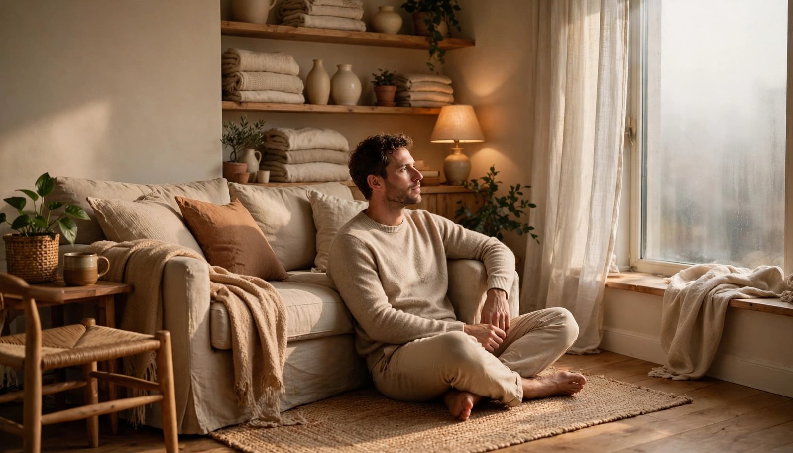 One adult reflects in a warm living room with four distinct surrounding areas.