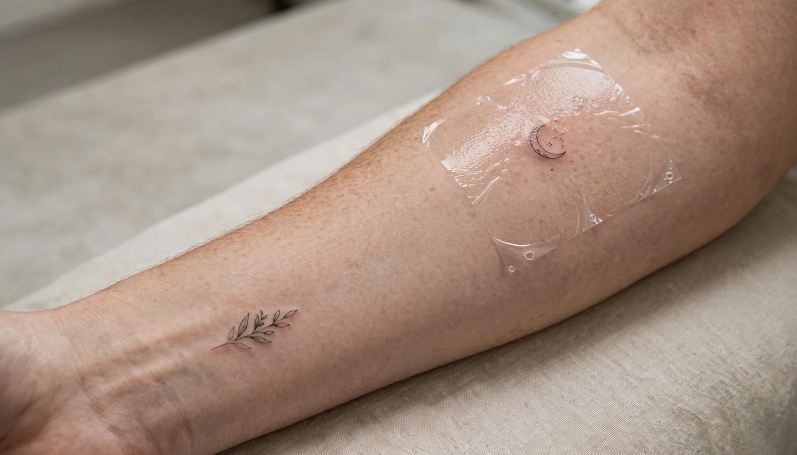 One healed tattoo and one fresh tattoo covered with protective film on a forearm.