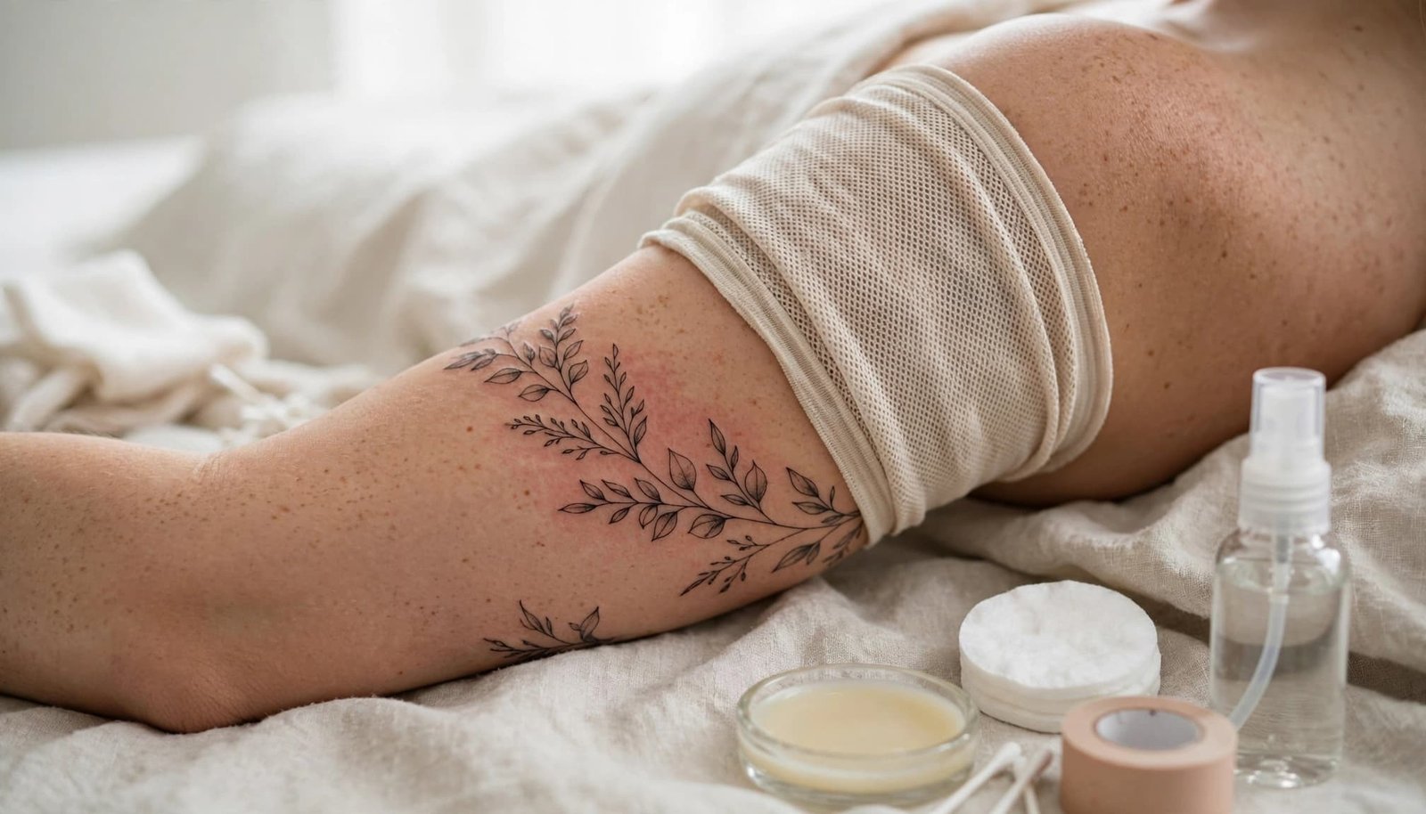 Fresh upper-arm tattoo beside a breathable sleeve and aftercare supplies.