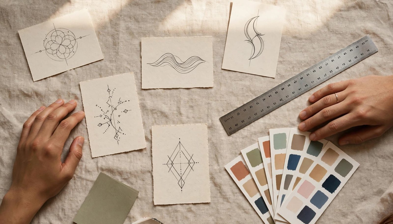 Two hands compare tattoo sketches, a ruler, and color swatches on a studio table.