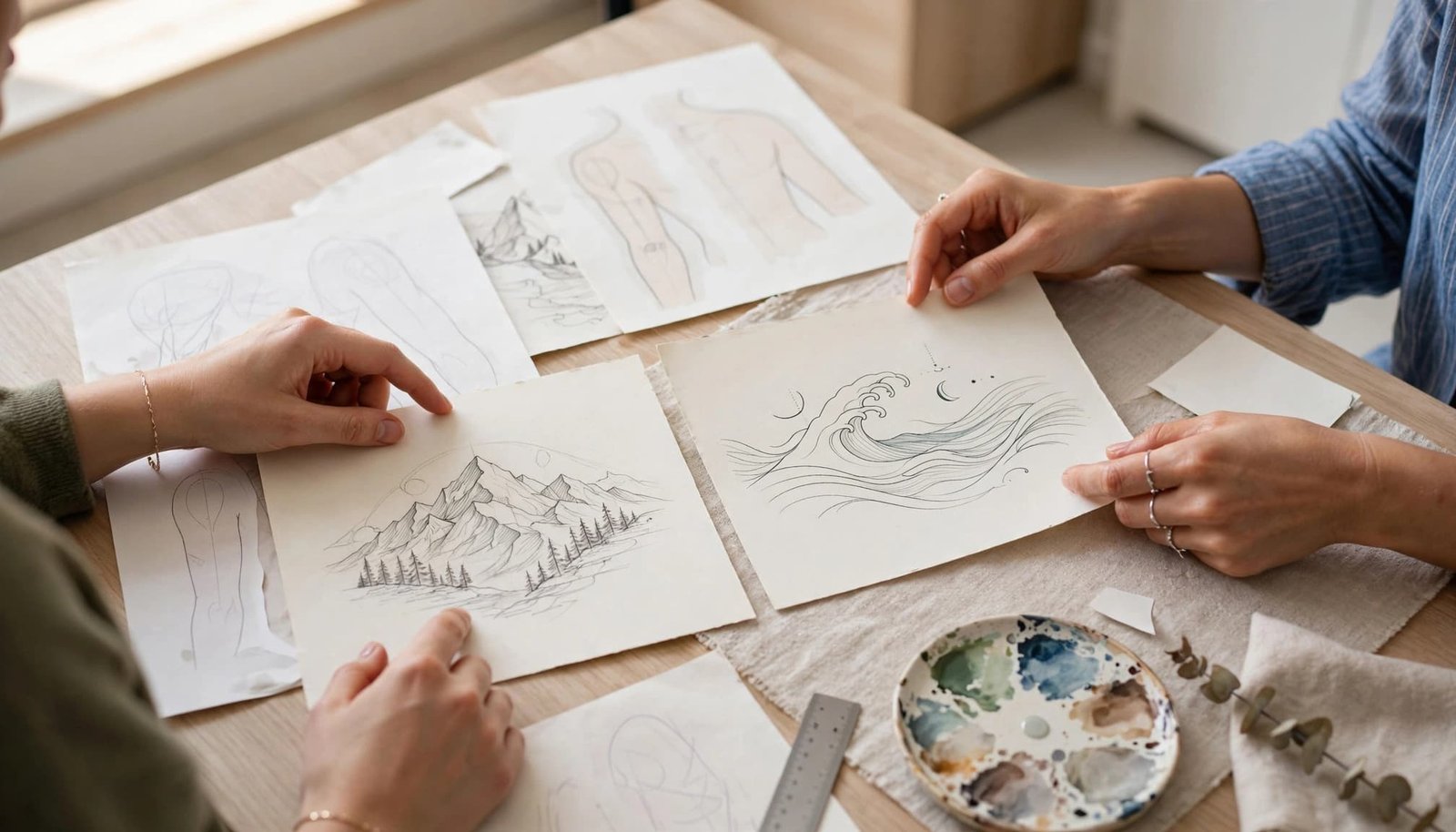 Two friends compare tattoo sketches and placement ideas at a studio table.