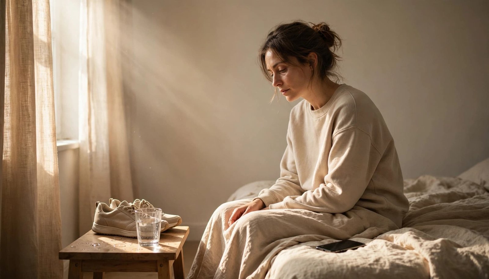 Tired woman sitting on a bed as sunlight enters, with water and walking shoes nearby.