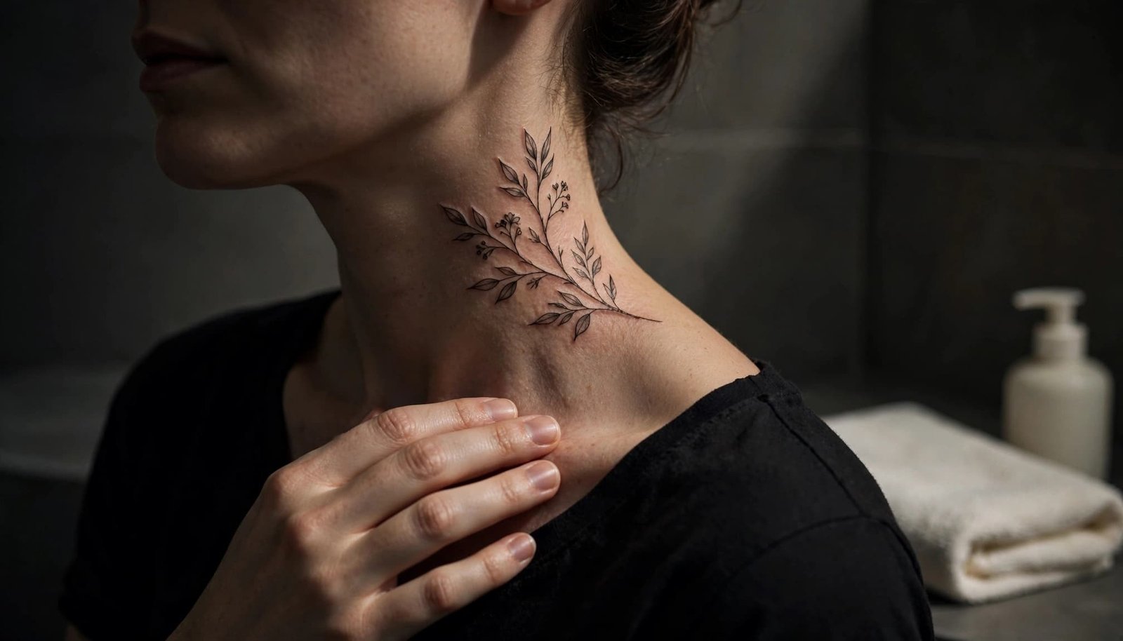 Hands gently care for a healed neck tattoo in a calm bathroom.
