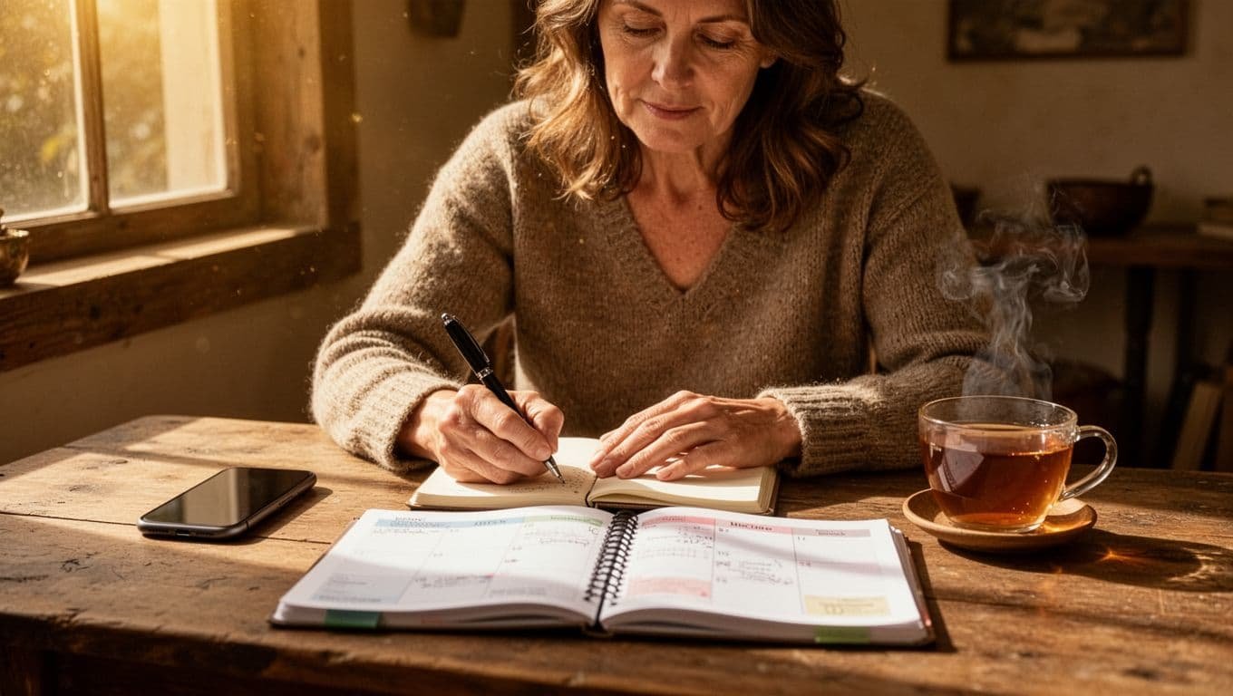 Woman writing in a journal beside a phone, planner, and tea.