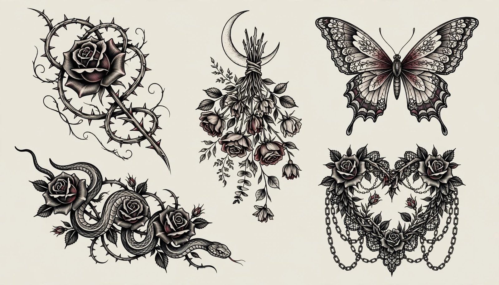 Five gothic tattoo designs with roses, a butterfly, snake, moon, and heart.