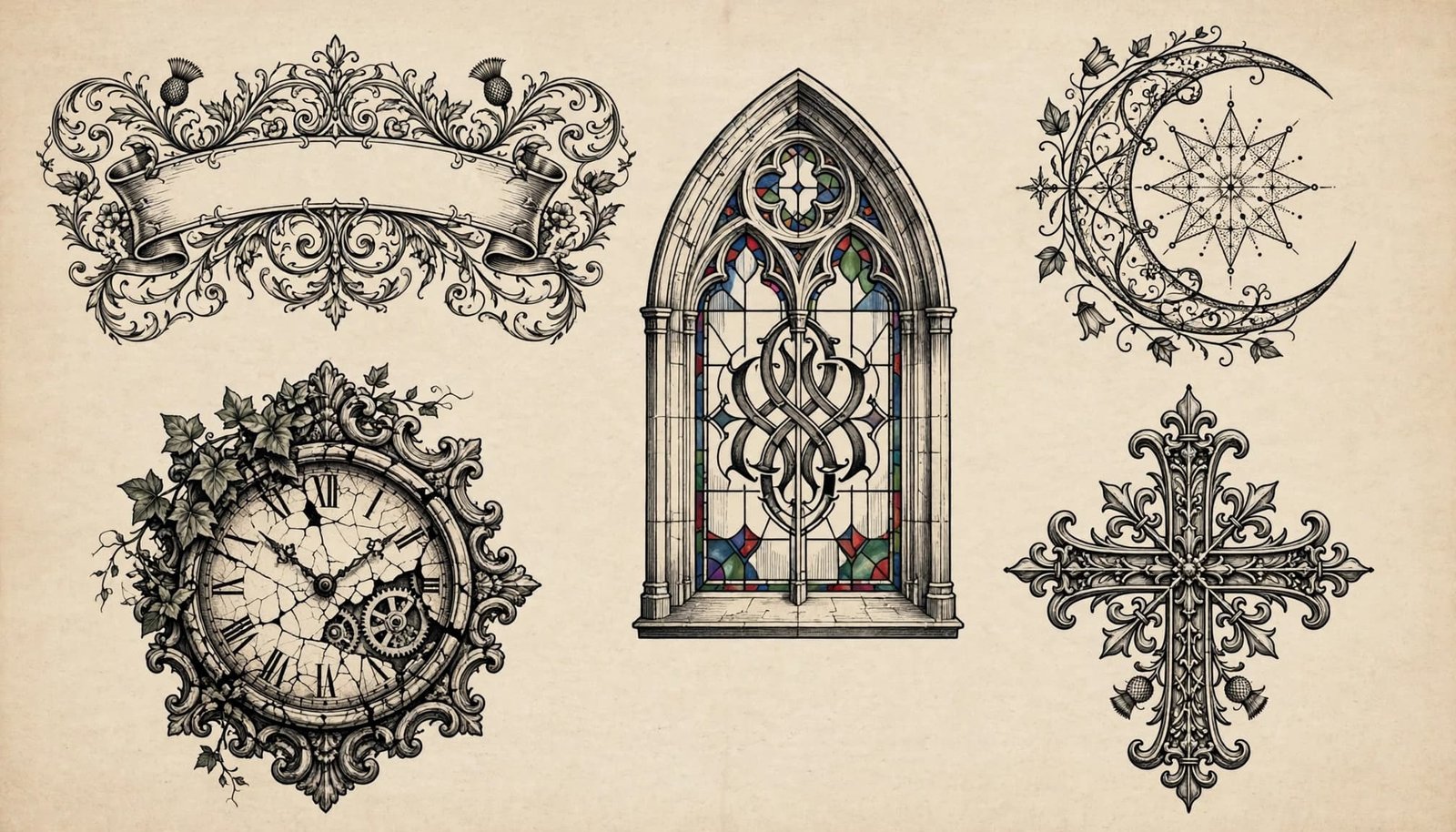 Five gothic tattoo motifs arranged on a parchment flash sheet with black ink and subtle colored accents.