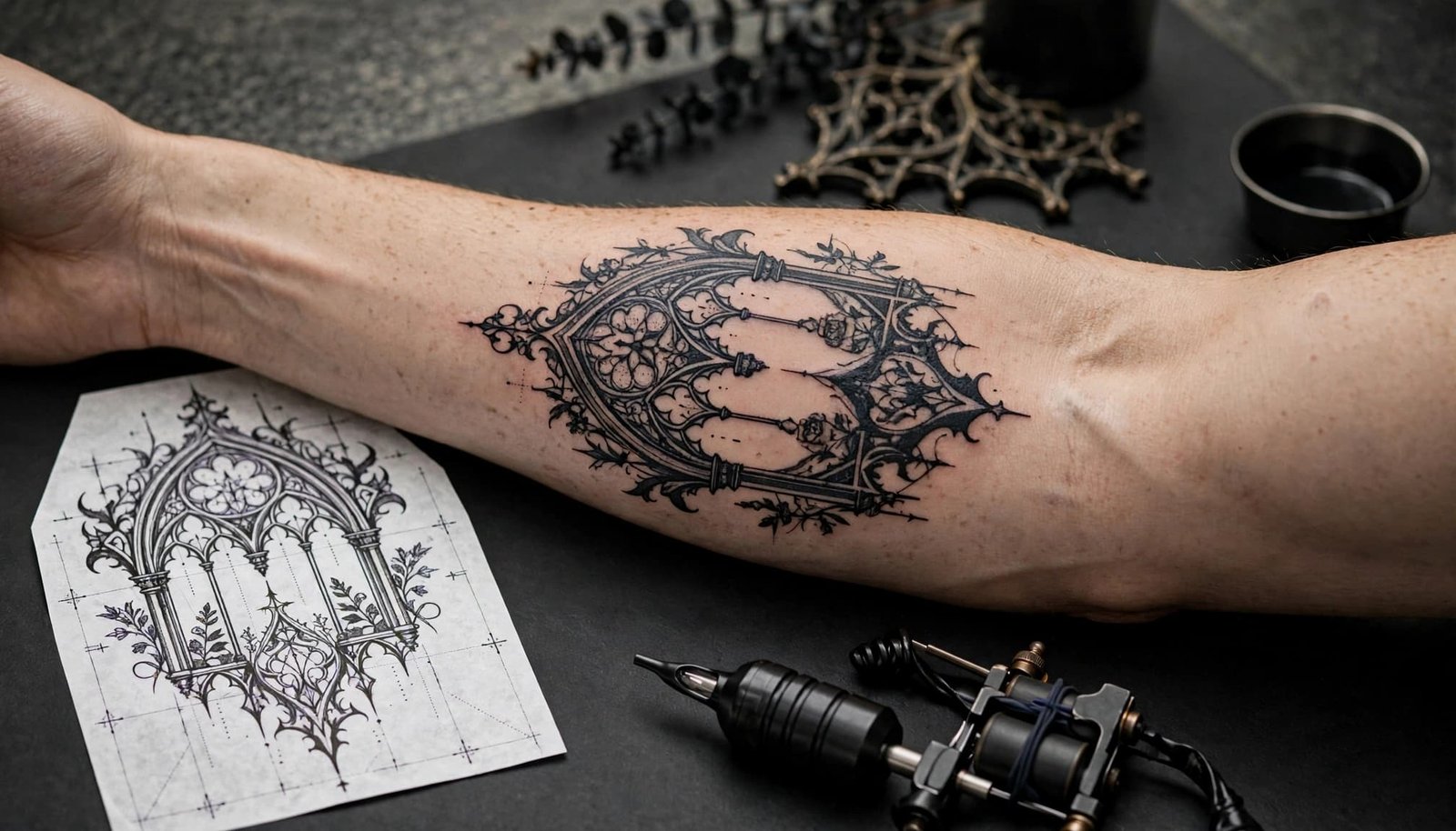 Healed blackwork tattoo beside a gothic stencil and tattoo machine in a studio.