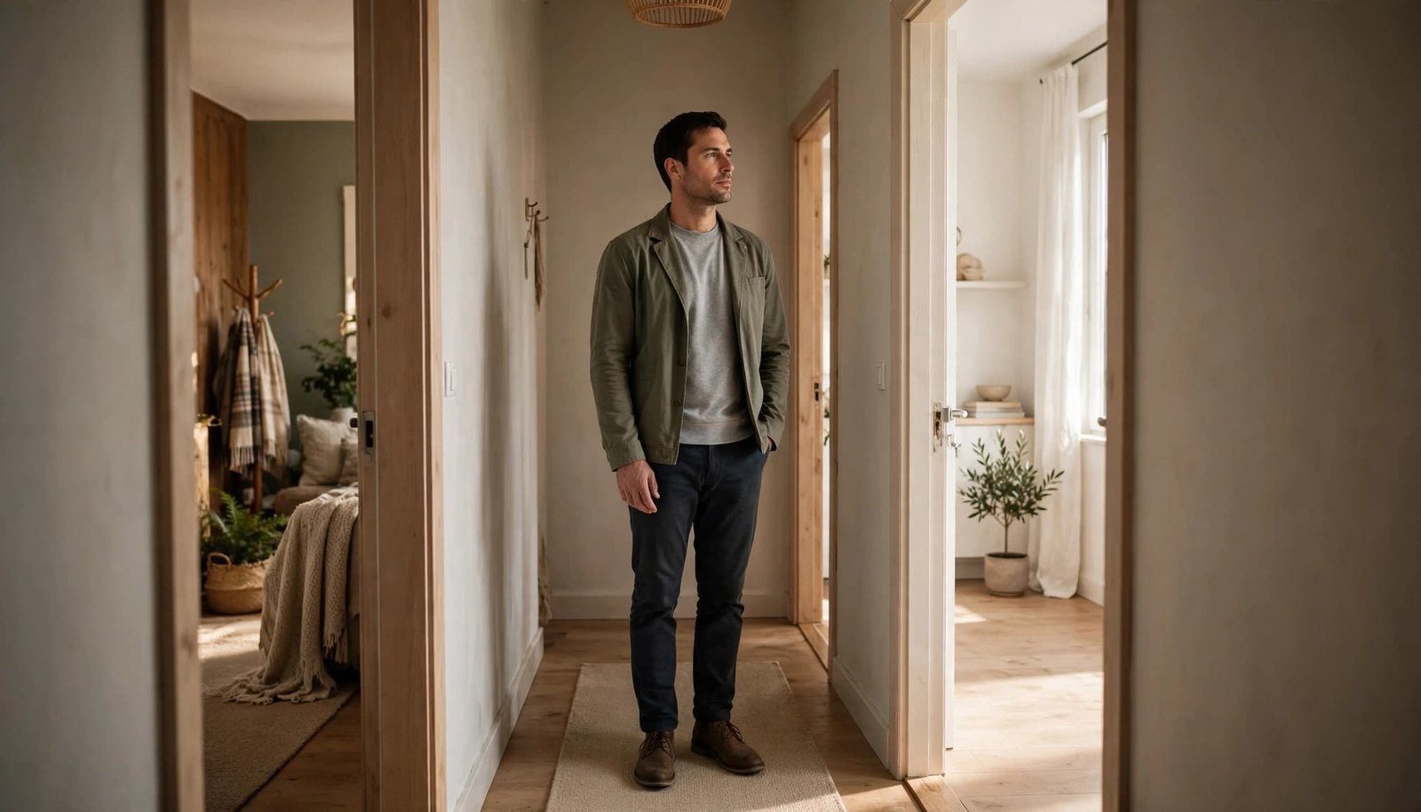 A man stands between a family doorway and his open apartment entrance.