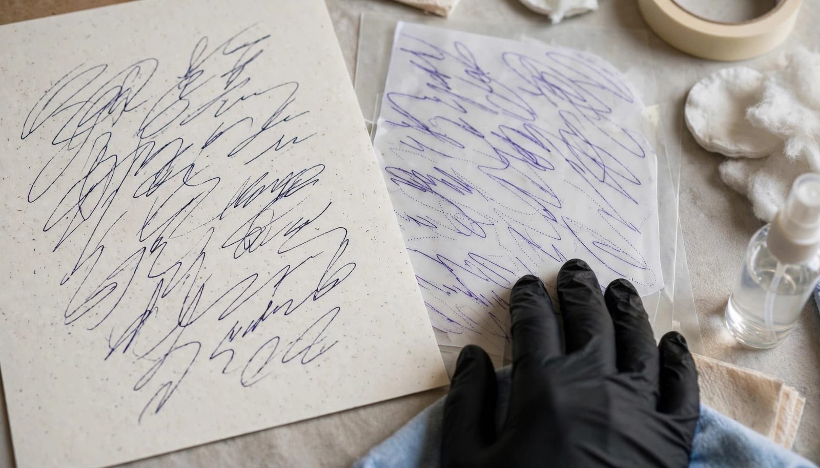 Paper and a clear tattoo stencil sit beside one gloved hand on a studio work surface.