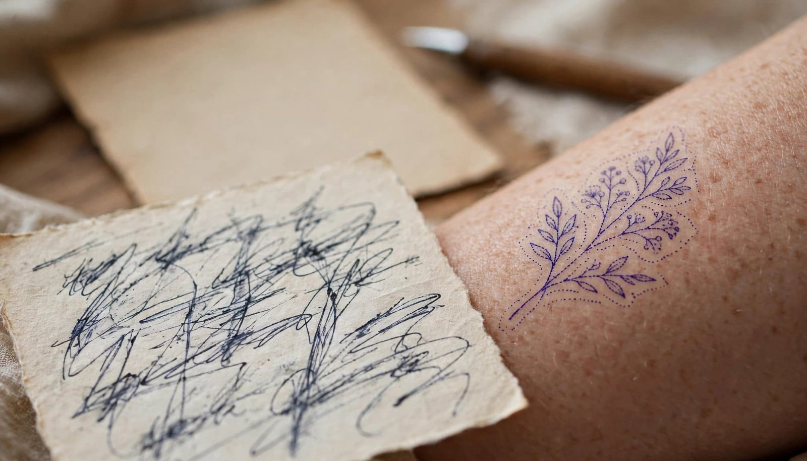 A handwritten note beside a delicate tattoo stencil on skin with a pen nearby.