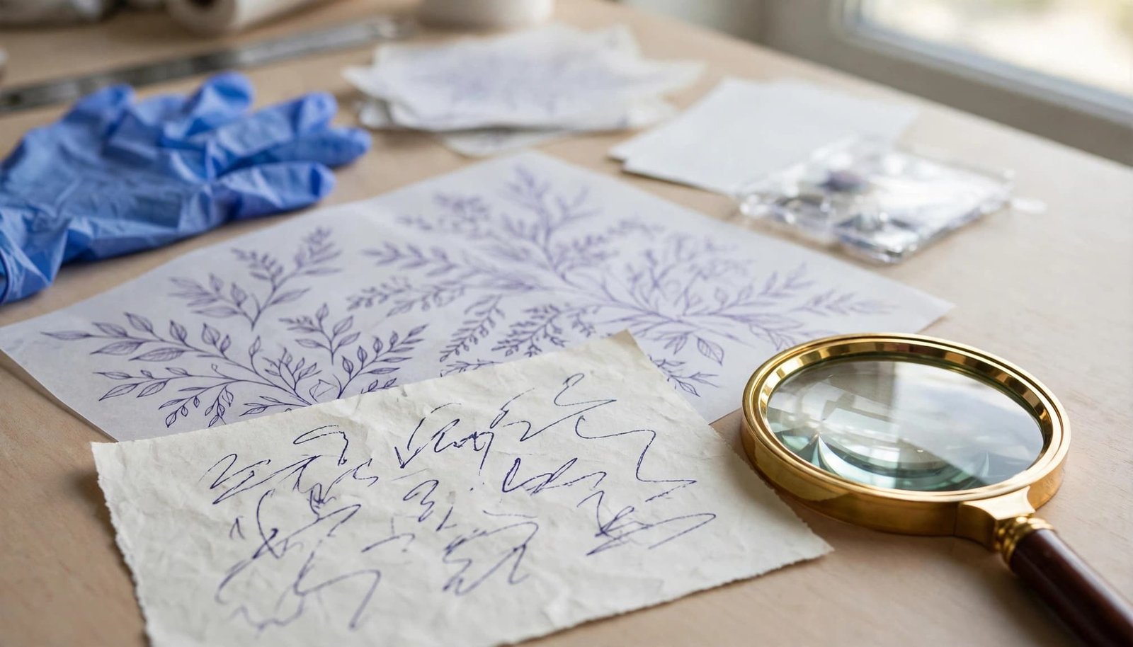 A handwritten tattoo design sits beside a stencil, magnifying glass, and gloves.