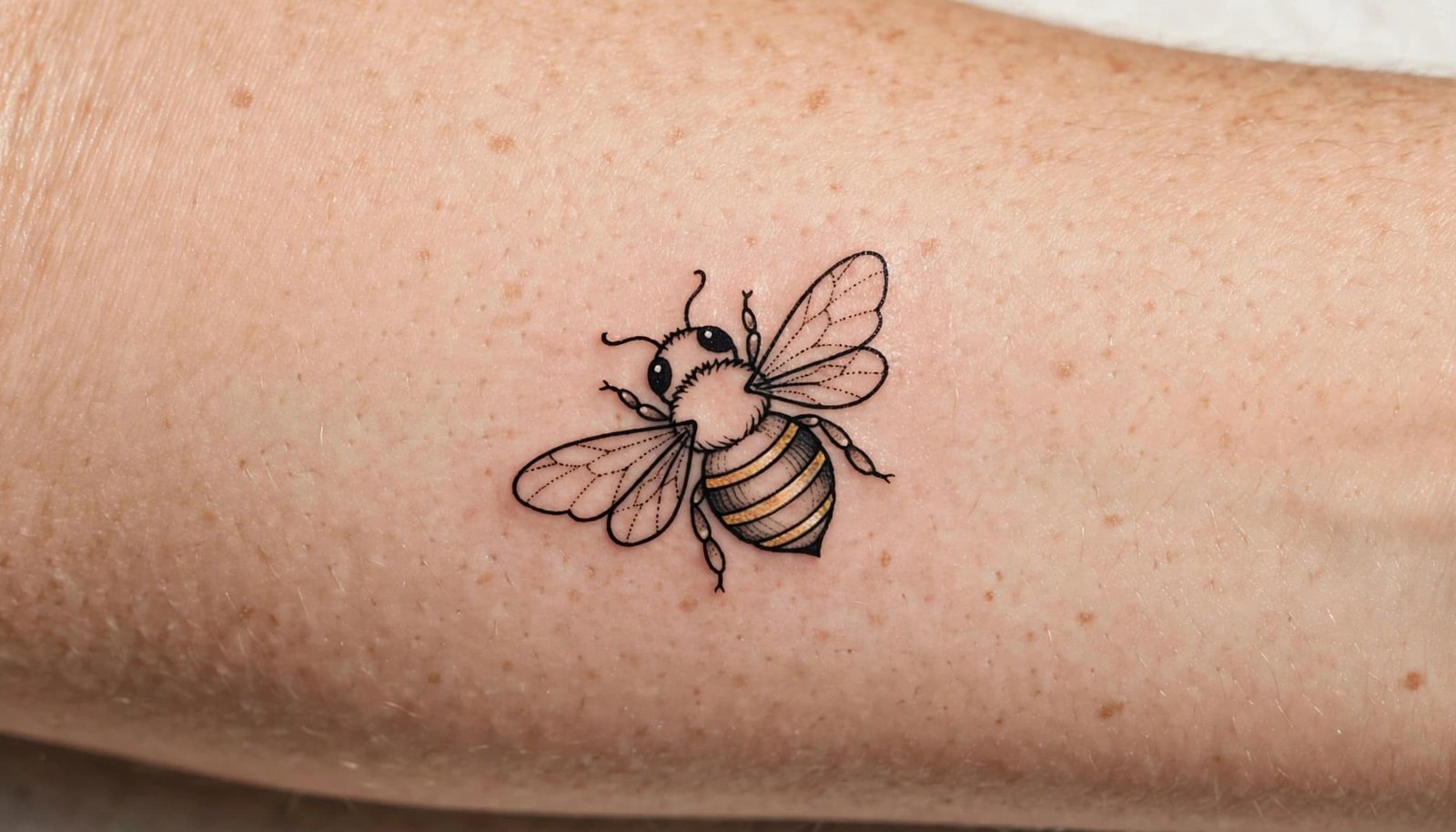 A healed bee tattoo with black outlines and golden accents on an outer forearm.