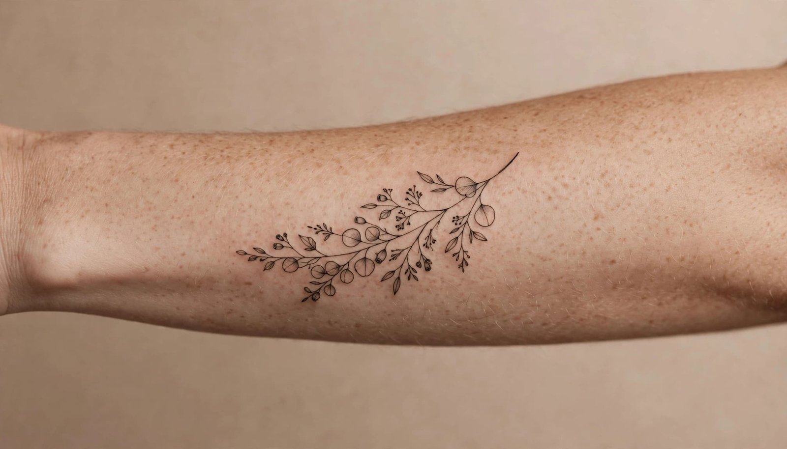 Close-up of a healed botanical fine line tattoo centered on a forearm.