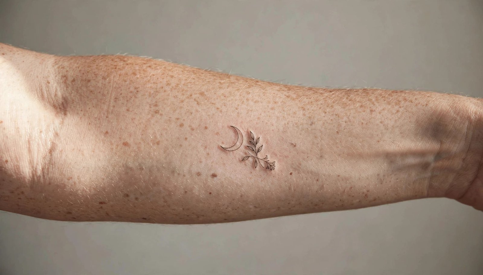 Healed botanical and crescent moon tattoo on a relaxed forearm.