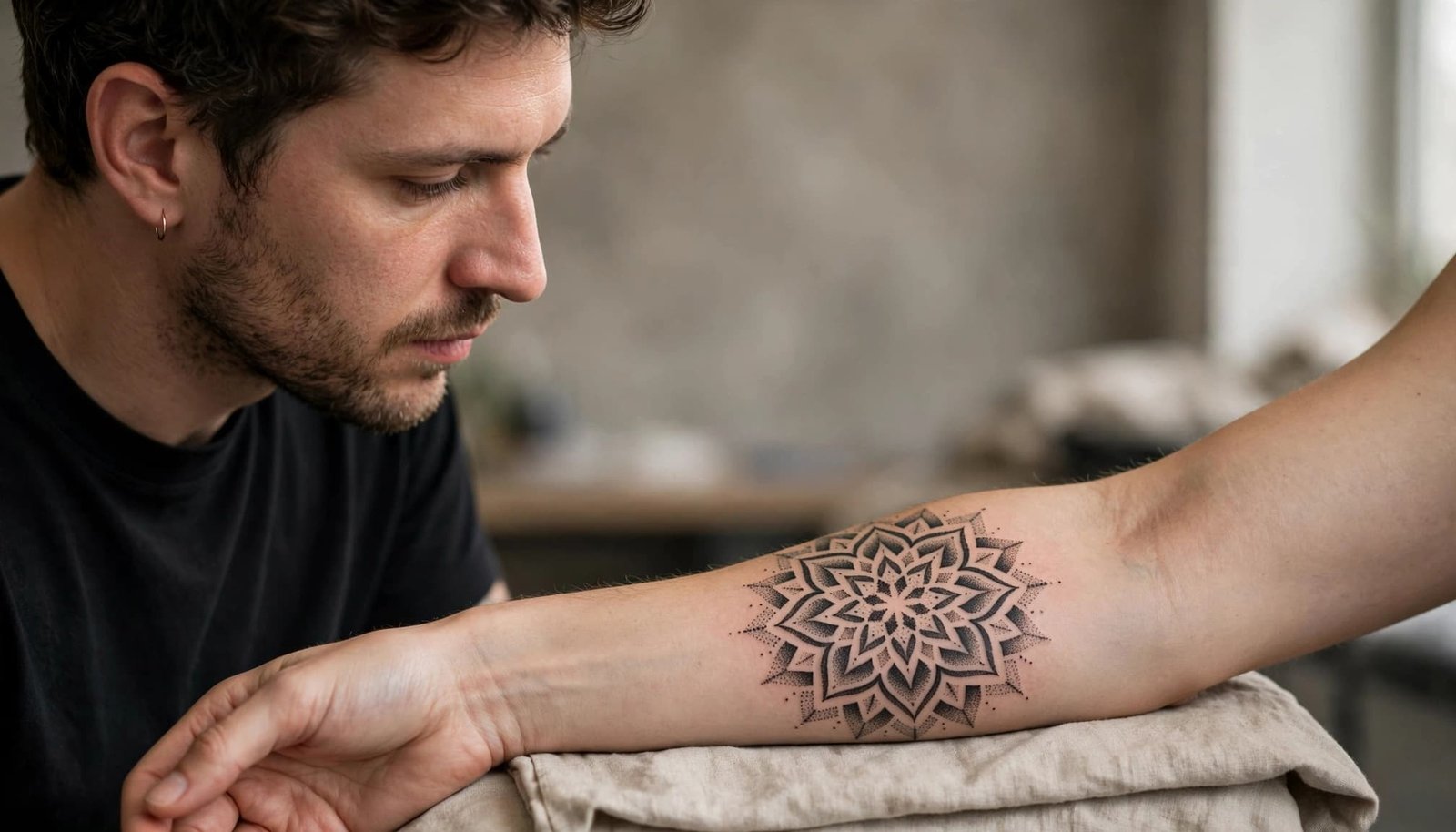 Artist inspecting a healed geometric dotwork tattoo on a client’s forearm.
