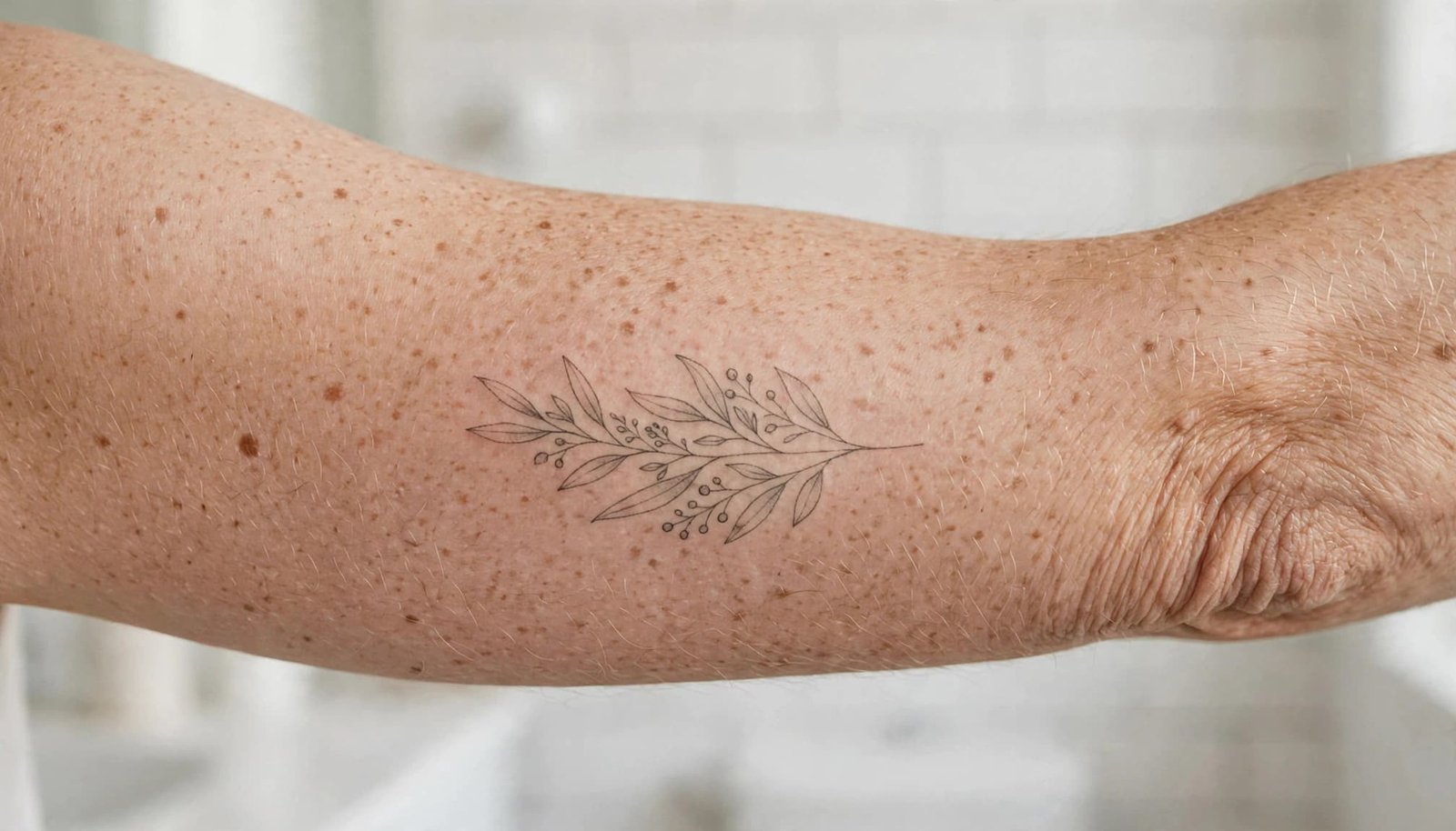 A healed black botanical tattoo appears slightly softened on one upper arm.
