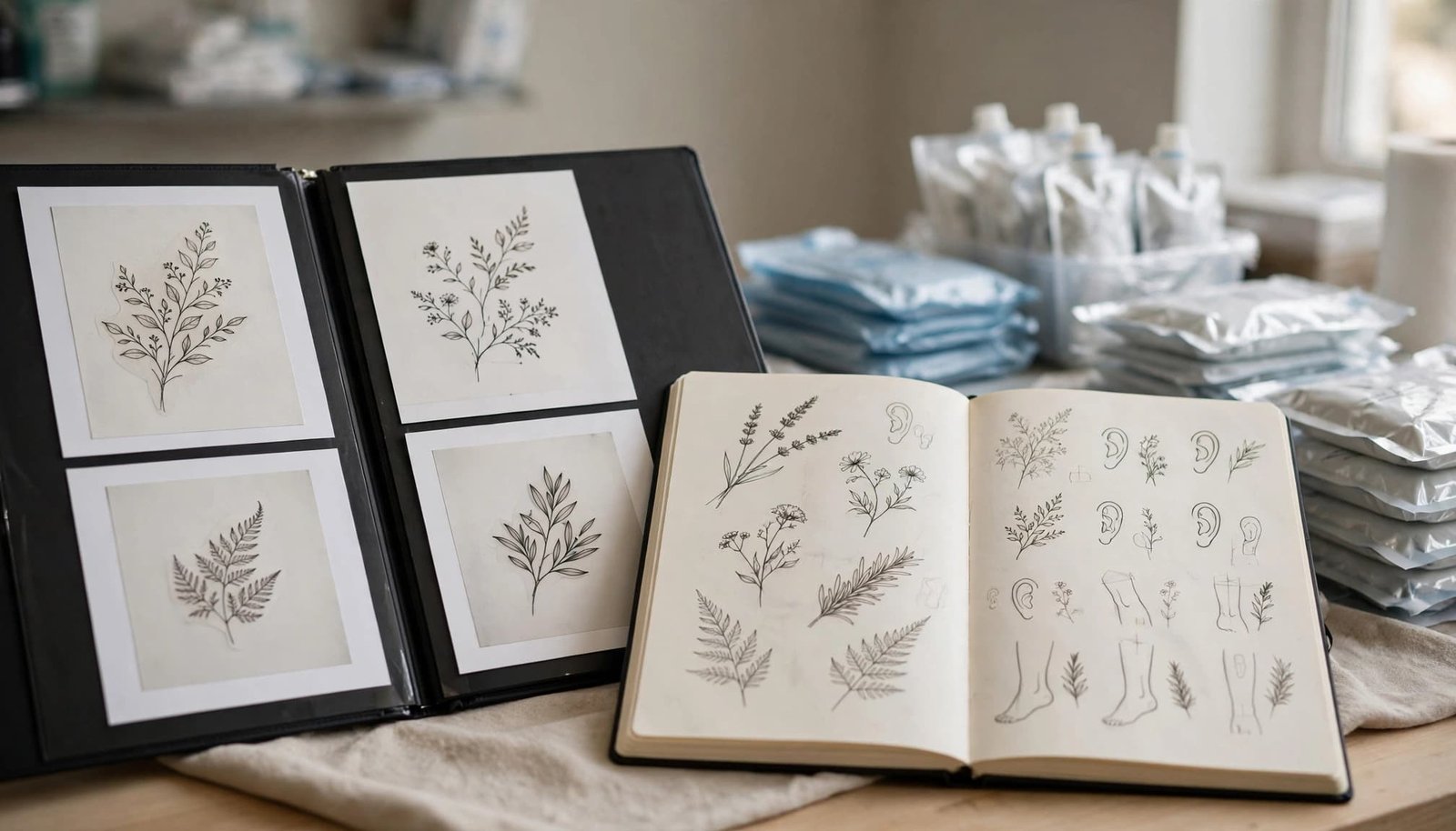 Healed tattoo examples and a sketchbook arranged on a clean studio counter.