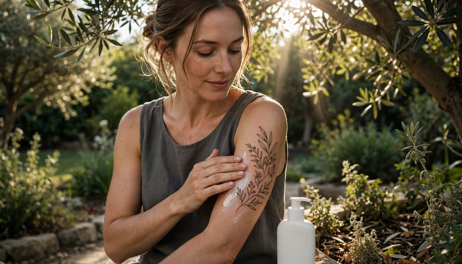 A woman applies sunscreen to a botanical tattoo in a sunlit garden.