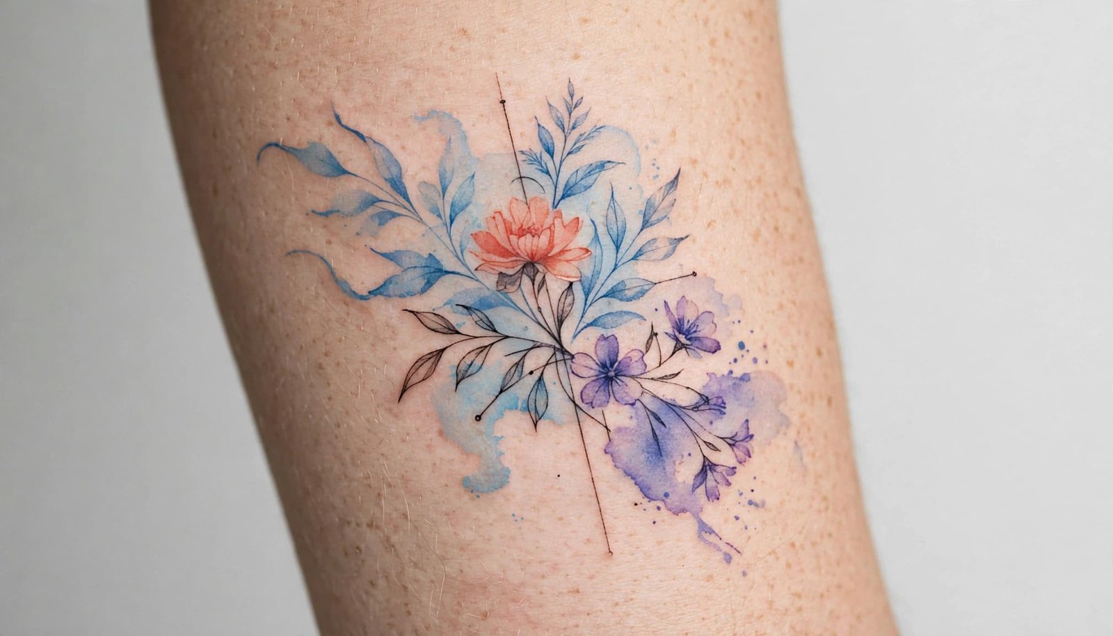 A healed watercolor botanical tattoo with soft blue, coral, and violet color on an upper arm.