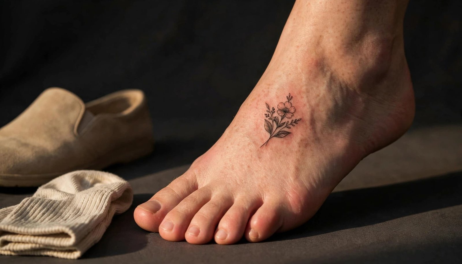 A bare foot with a healing floral tattoo beside a loose sock and roomy slip-on shoe.