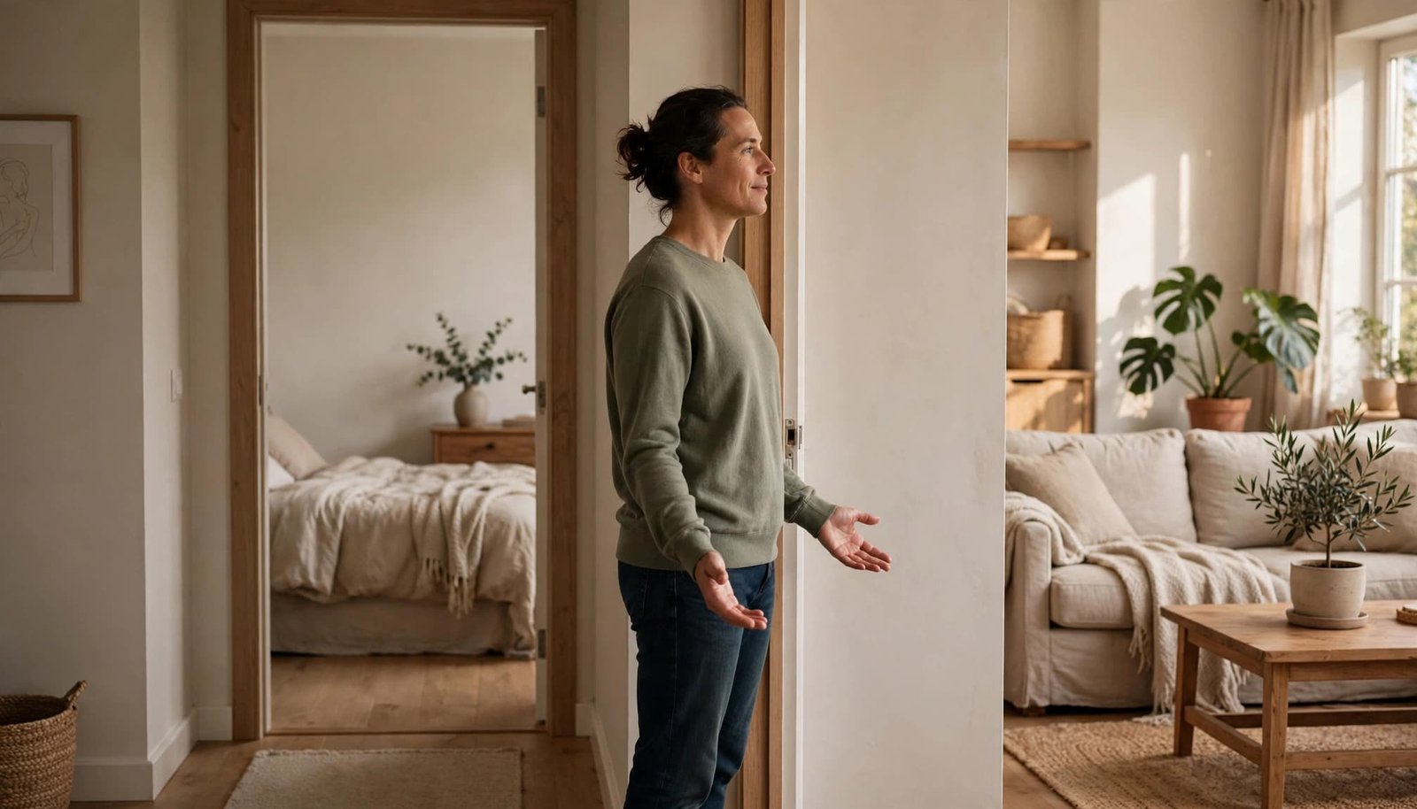 One adult stands calmly by a doorway between a private room and shared home space.