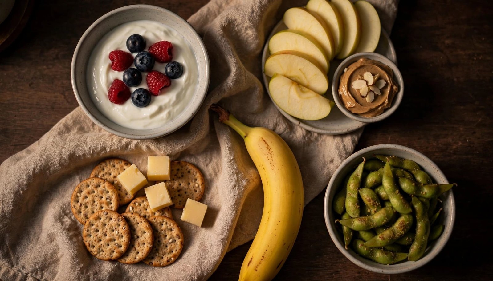 Healthy nighttime snacks arranged in separate portions on a softly lit kitchen counter.