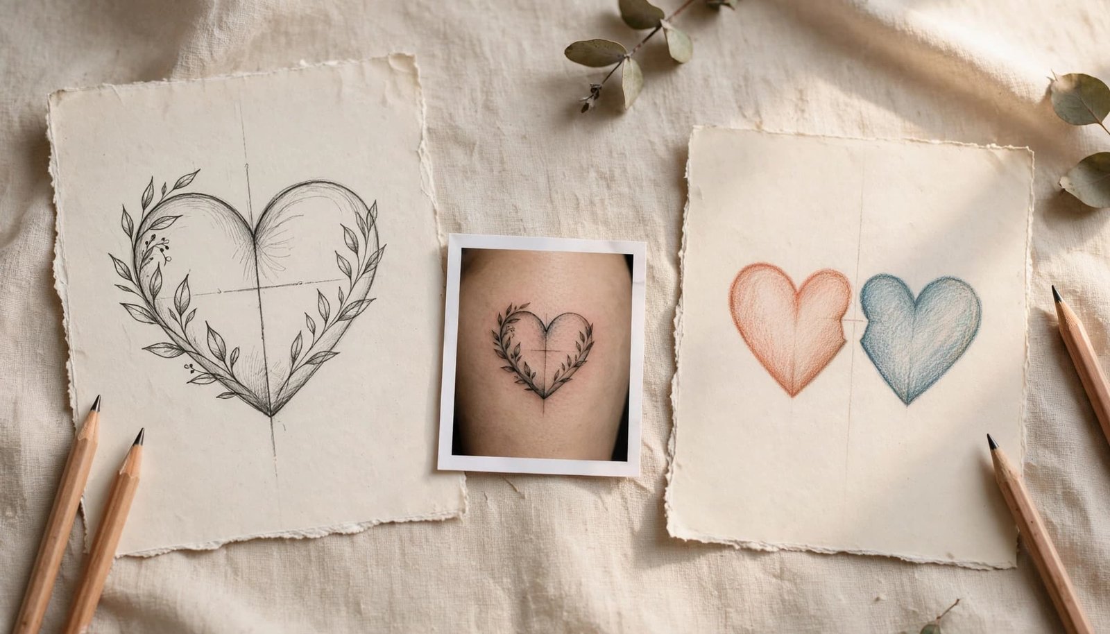 Two heart tattoo sketches and a healed tattoo photo on a studio table.