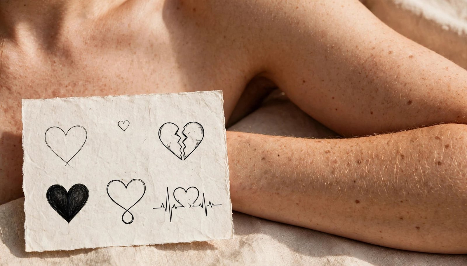 Woman’s forearm beside six black heart tattoo sketches on paper.