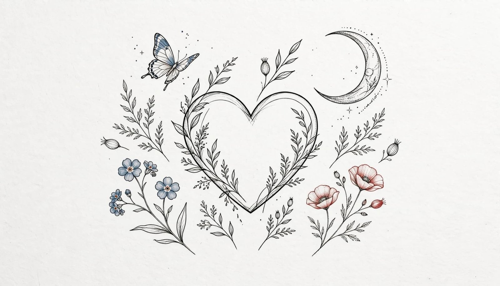 Fine-line heart tattoo with wildflowers, a butterfly, and crescent moon accents.