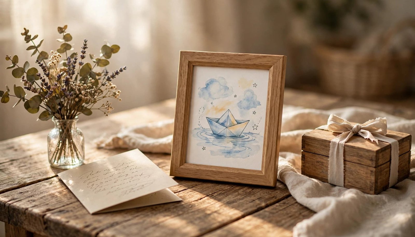 A greeting card, childhood photo, bouquet, and memory box arranged on a sunlit wooden table.