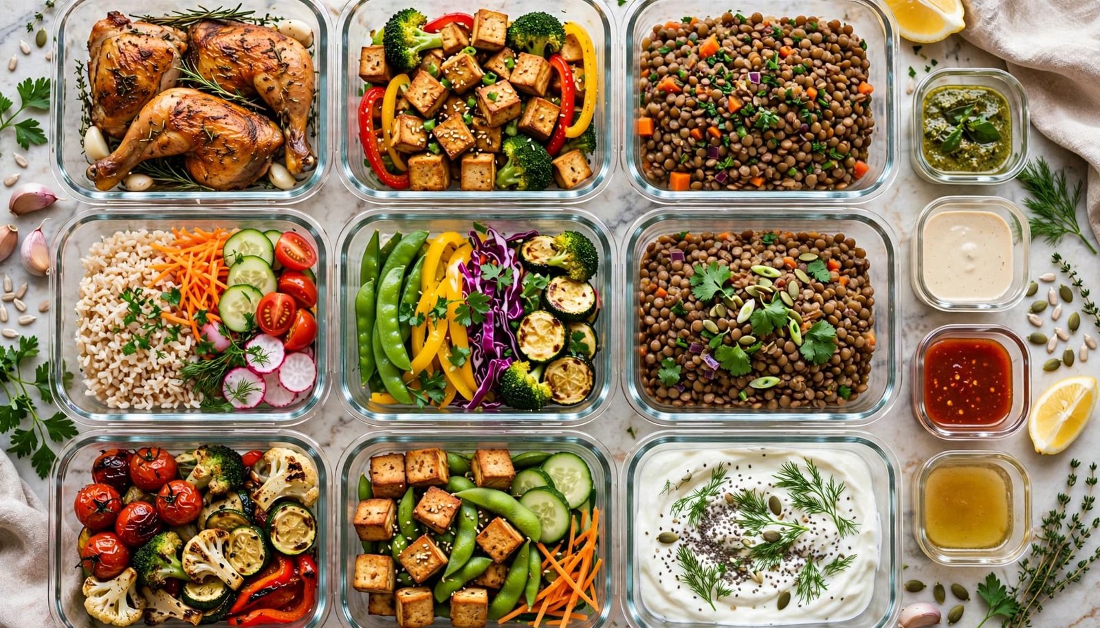 Meal prep containers filled with chicken, tofu, lentils, rice, vegetables, sauces, and yogurt.