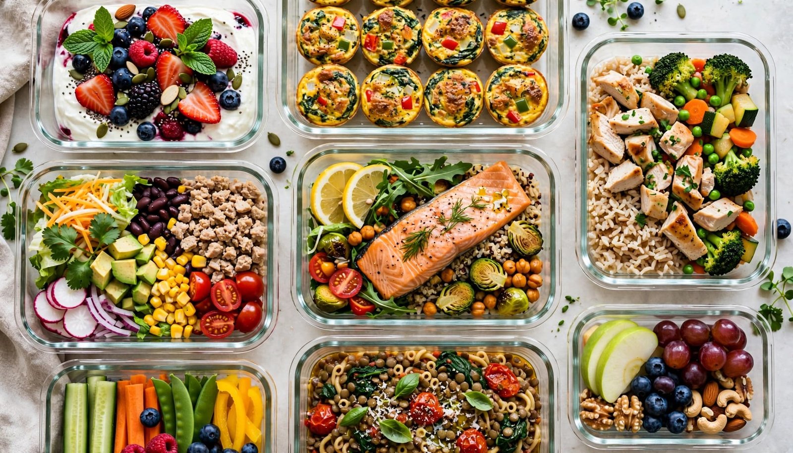 Glass containers filled with colorful high-protein meals and snacks on a kitchen counter.