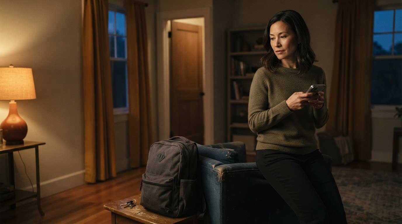 Adult holding a phone beside an emergency bag and keys in a softly lit room.